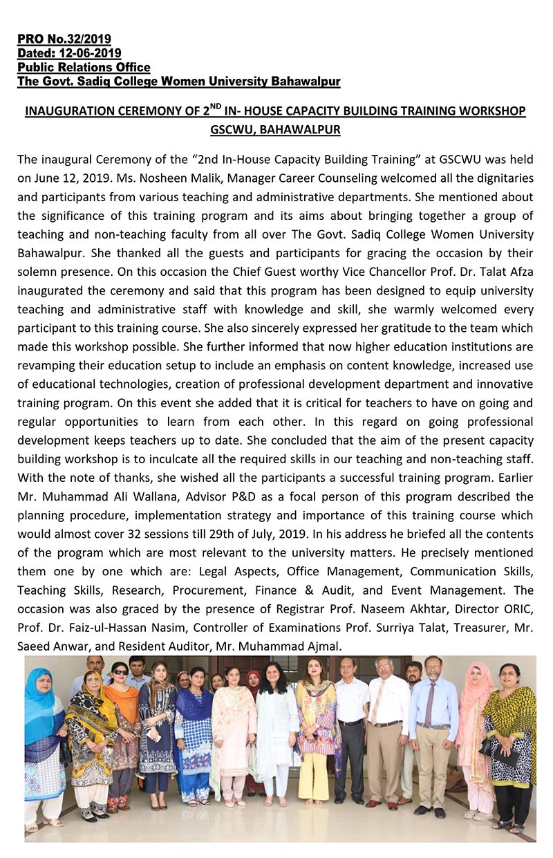 Inauguration Ceremony of 2nd in In-House Capacity Building Training Workshop GSCWU, Bahawalpur