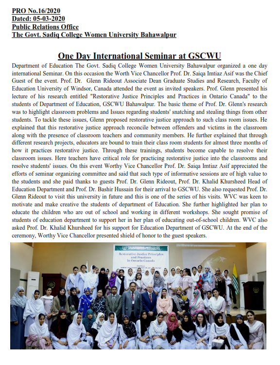One Day International Seminar at GSCWU