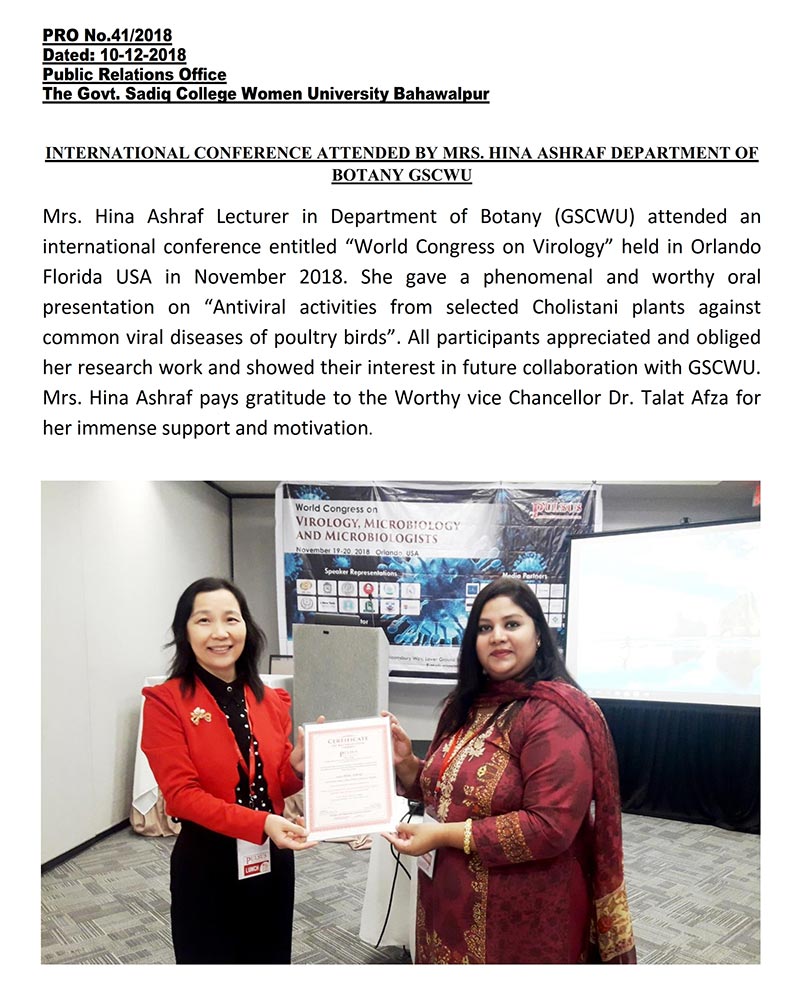 International Conference Attended By Mrs. Hina Ashraf Department of Botany GSCWU
