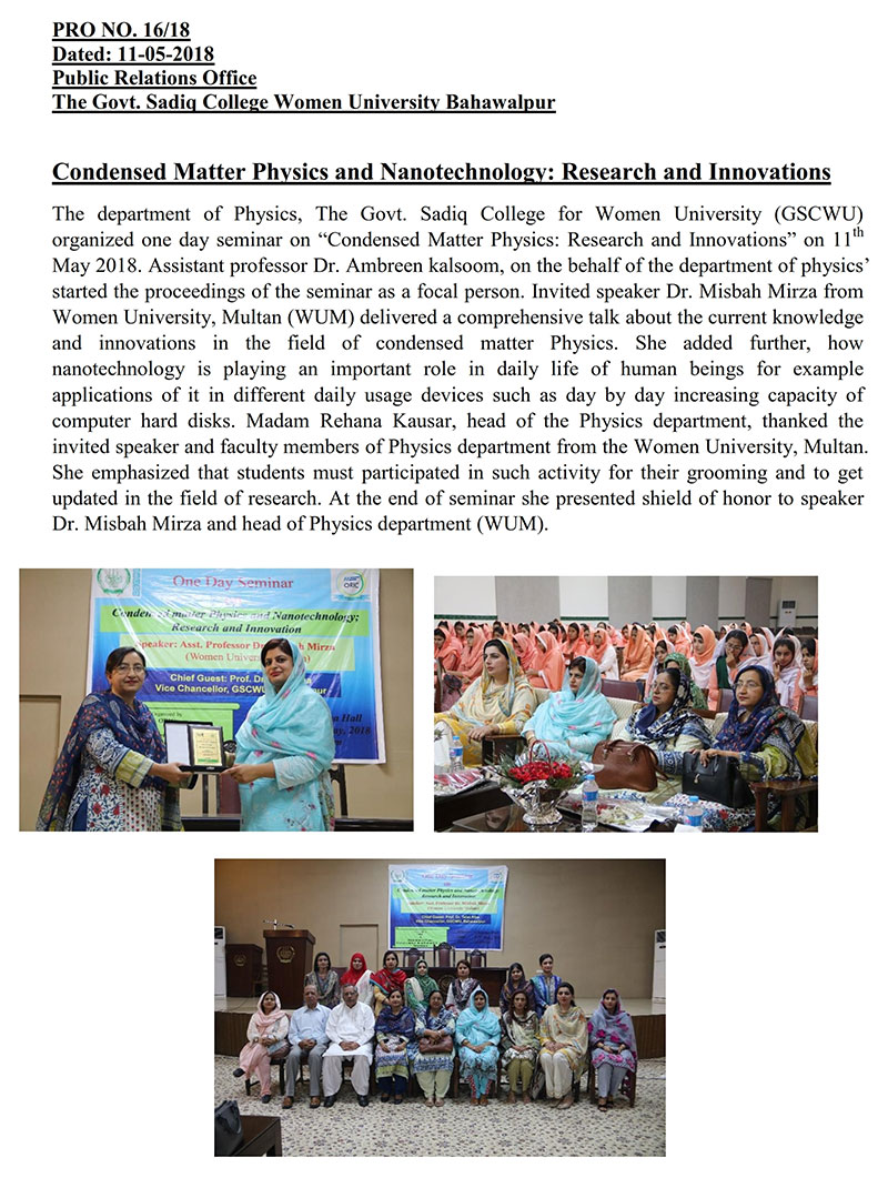 One Day seminar on Condensed Matter Physics and NanotechnologyResearch and Innovations