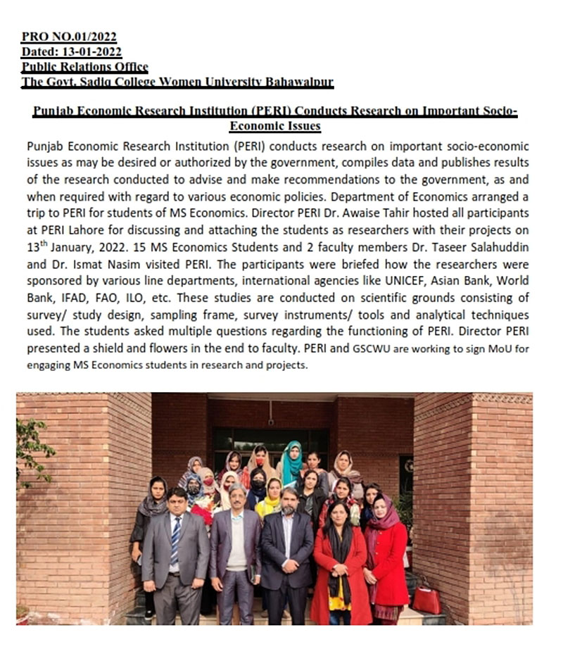 Punjab Economic Research Institution (PERI) Conducts Research on Important Socio-Economic Issues