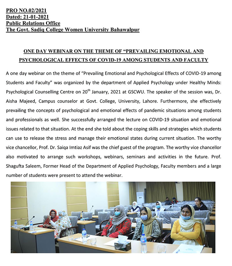 One Day Webinar on the theme of “Prevailing Emotional and Psychological Effects of Covid-19 among Students and Faculty