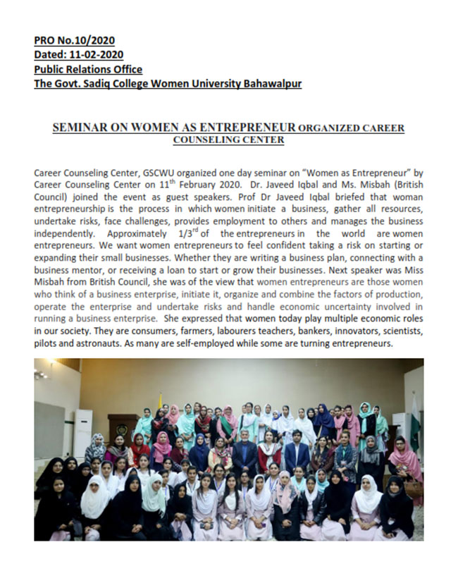 Seminar on Women as Entrepreneur Organized by Career Counseling Center