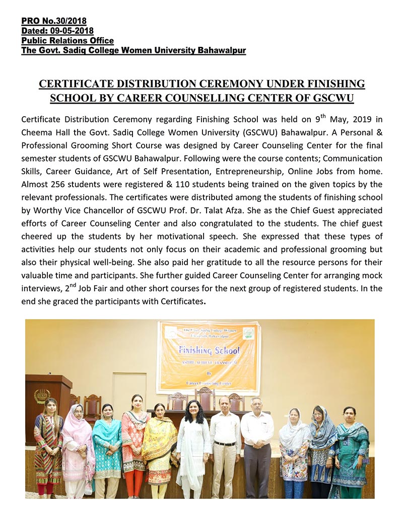 Certificate distribution ceremony under Finishing School by Career Counselling Center of GSCWU
