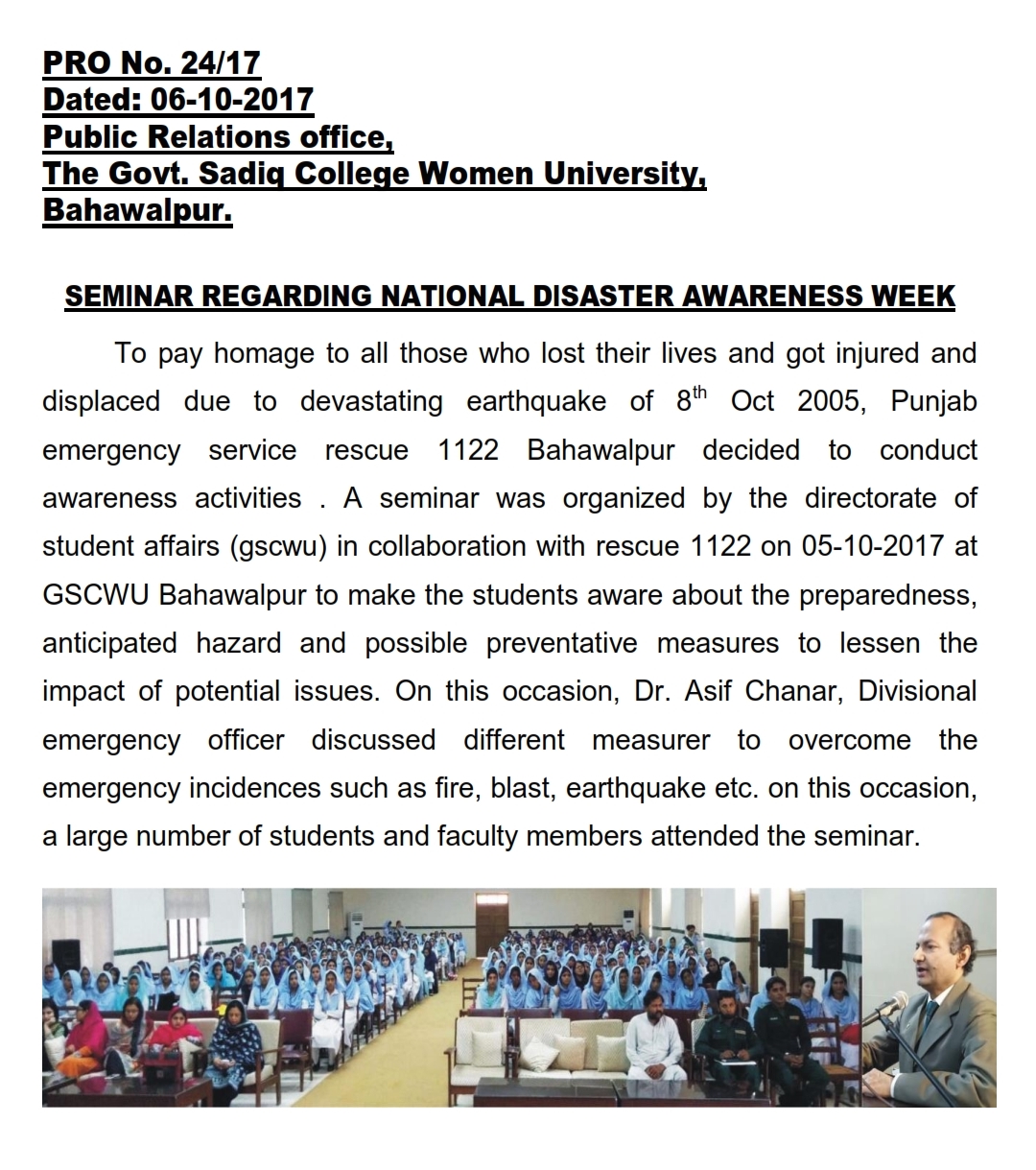 Seminar Regarding National Disaster Awareness Week