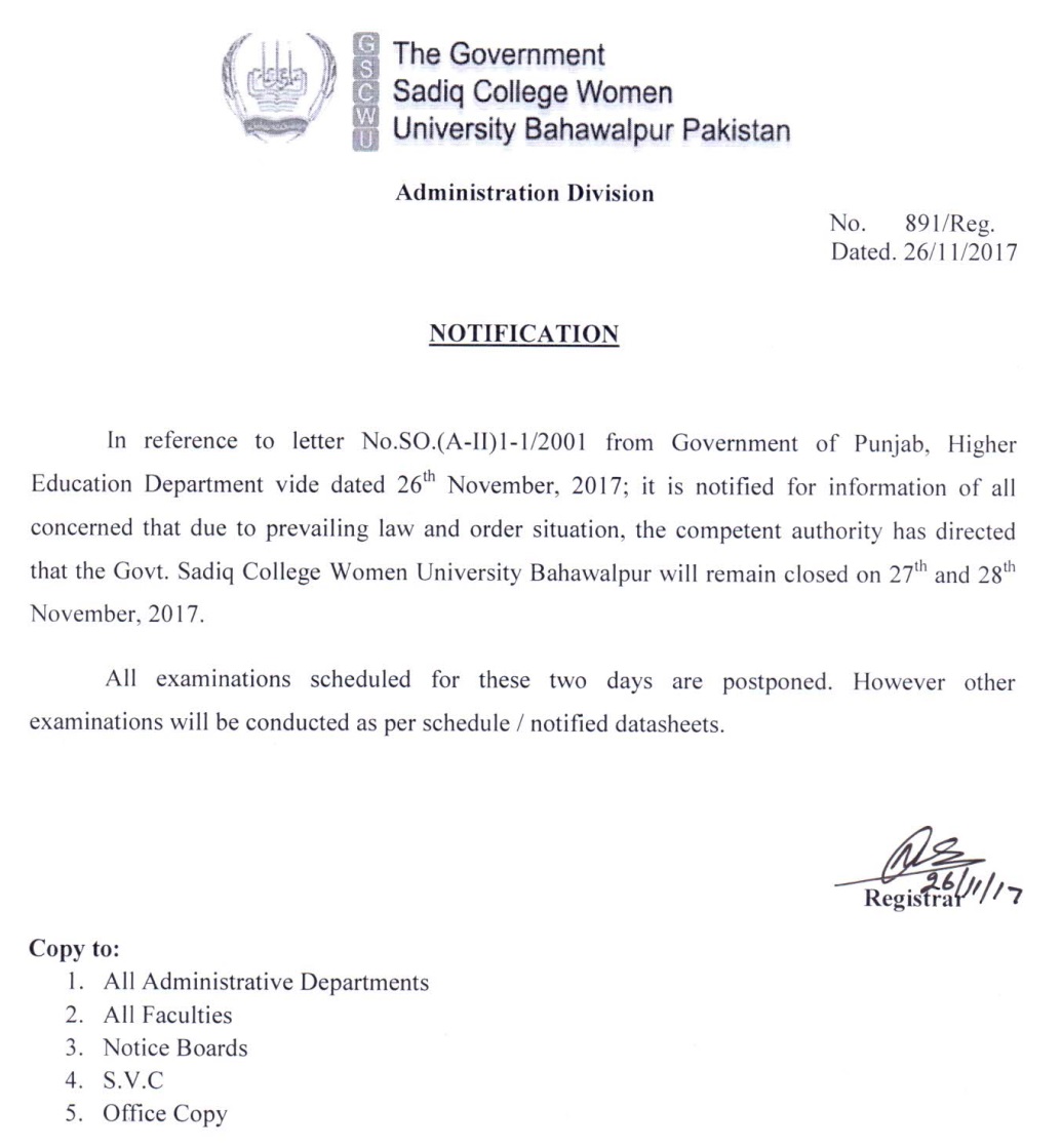 University Notification for Monday and Tuesday and Postpone papers during these days