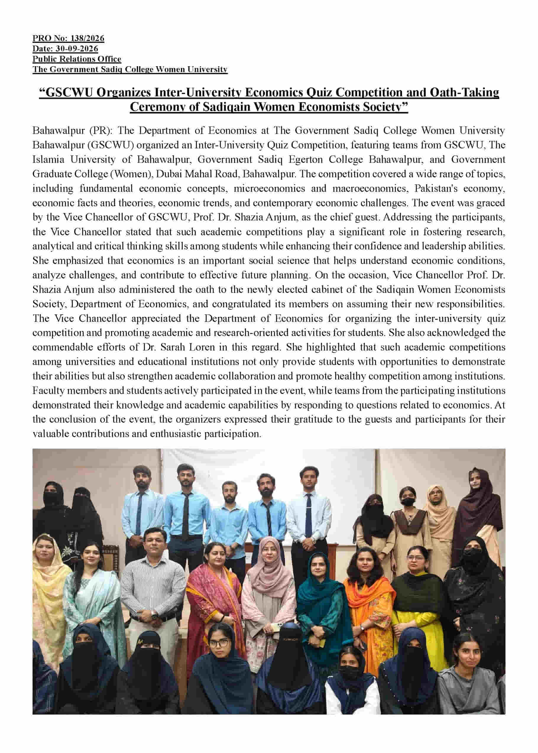 PRO NO.138 GSCWU Organizes Inter-University Economics Quiz Competition and Oath-Taking Ceremony of Sadiqain Women Economists Society.jpg